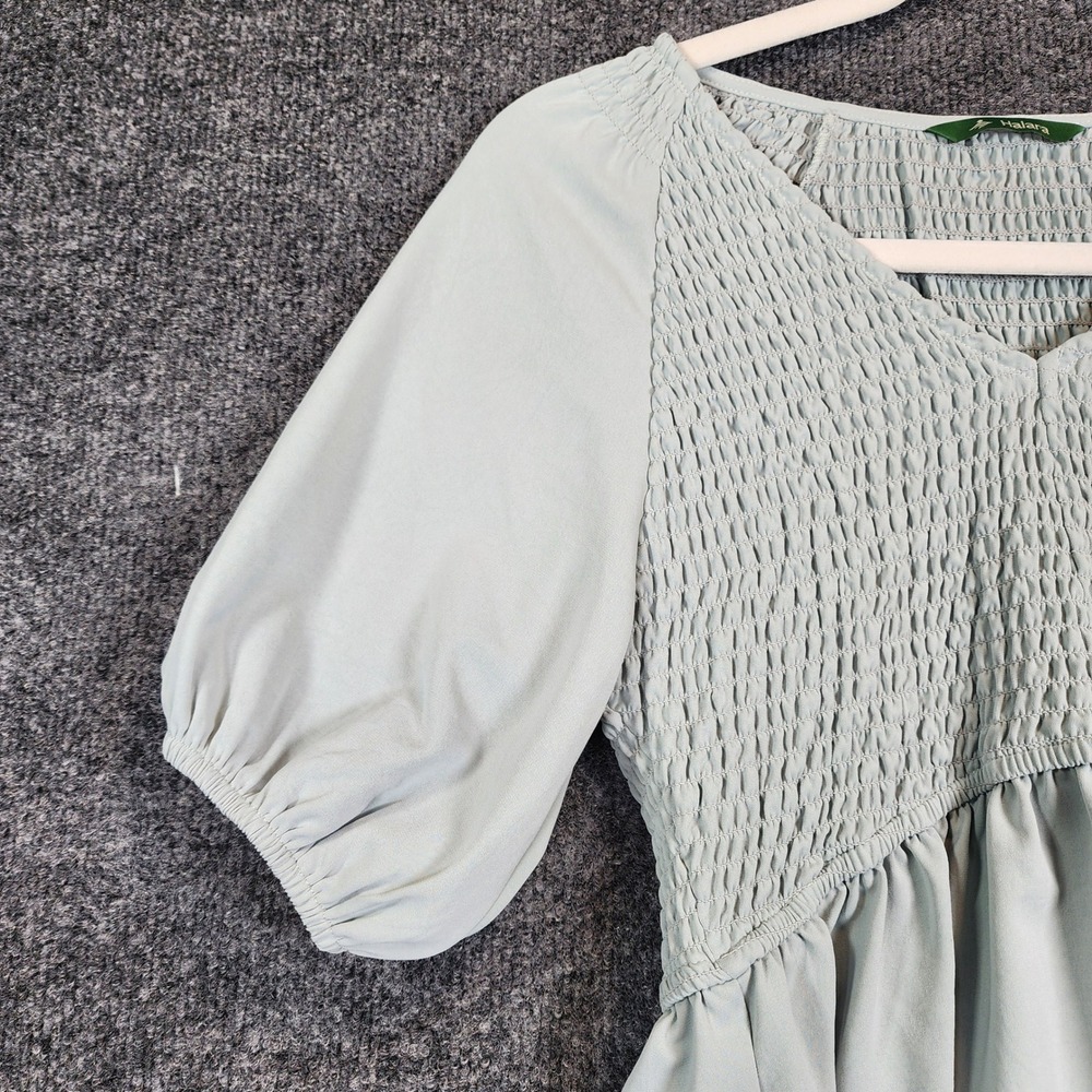 Halara Womens Sage Green Smocked‎ Puff Sleeve Cottagecore Fairy Peplum Blouse S - Picture 6 of 8